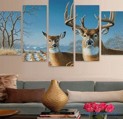 Modulárne obrazy v interiéri obývačky, spálne alebo kuchyne, fotografické nápady